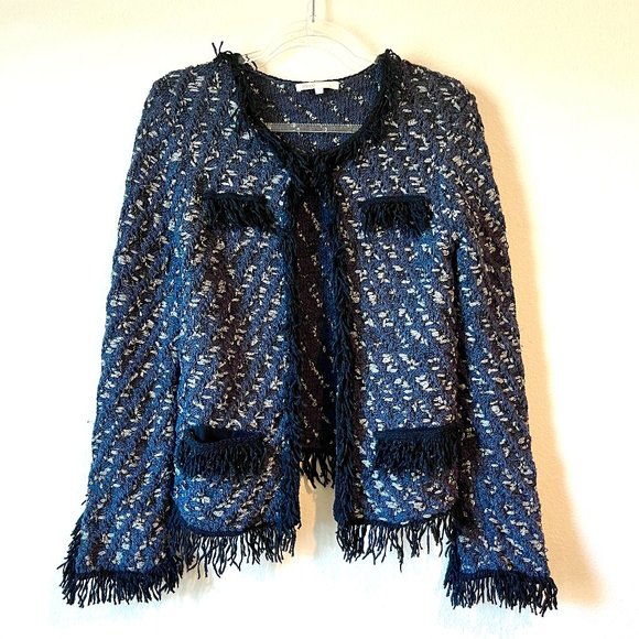 Maje Tweed Cardigan Sweater Jacket Blazer Woven Gray Metallic Fringe Size 2 - Picture 2 of 14